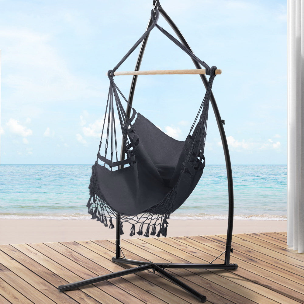 Tassel Hanging Rope Hammock Grey with Stand - 110cm x 110cm x 210cm