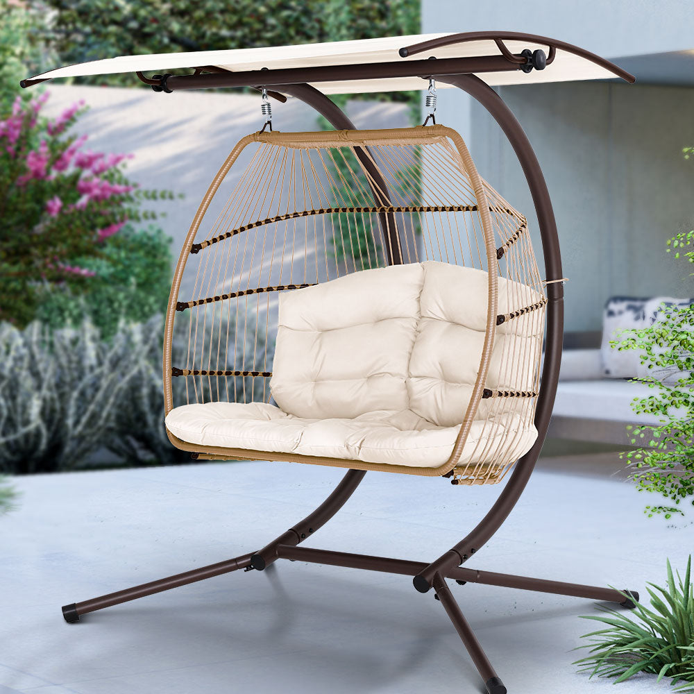 2 Seater Outdoor Wicker Hanging Pod Chair - Latte