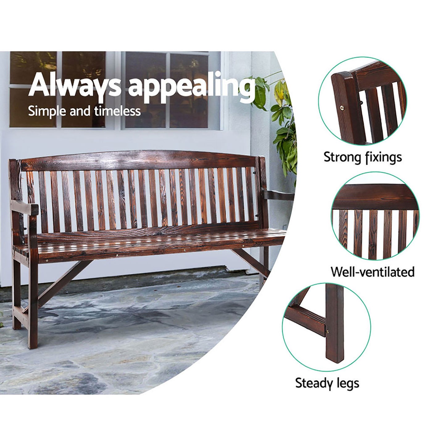 3 Seater Charcoal Brown Outdoor Wooden Garden Bench