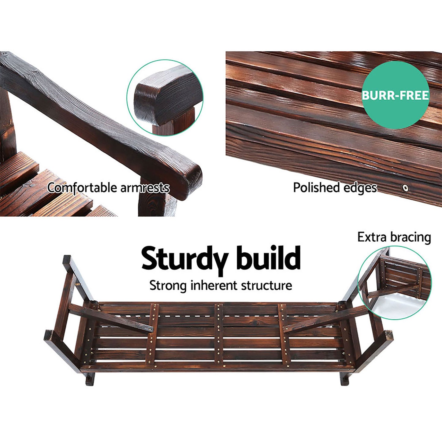 3 Seater Charcoal Brown Outdoor Wooden Garden Bench