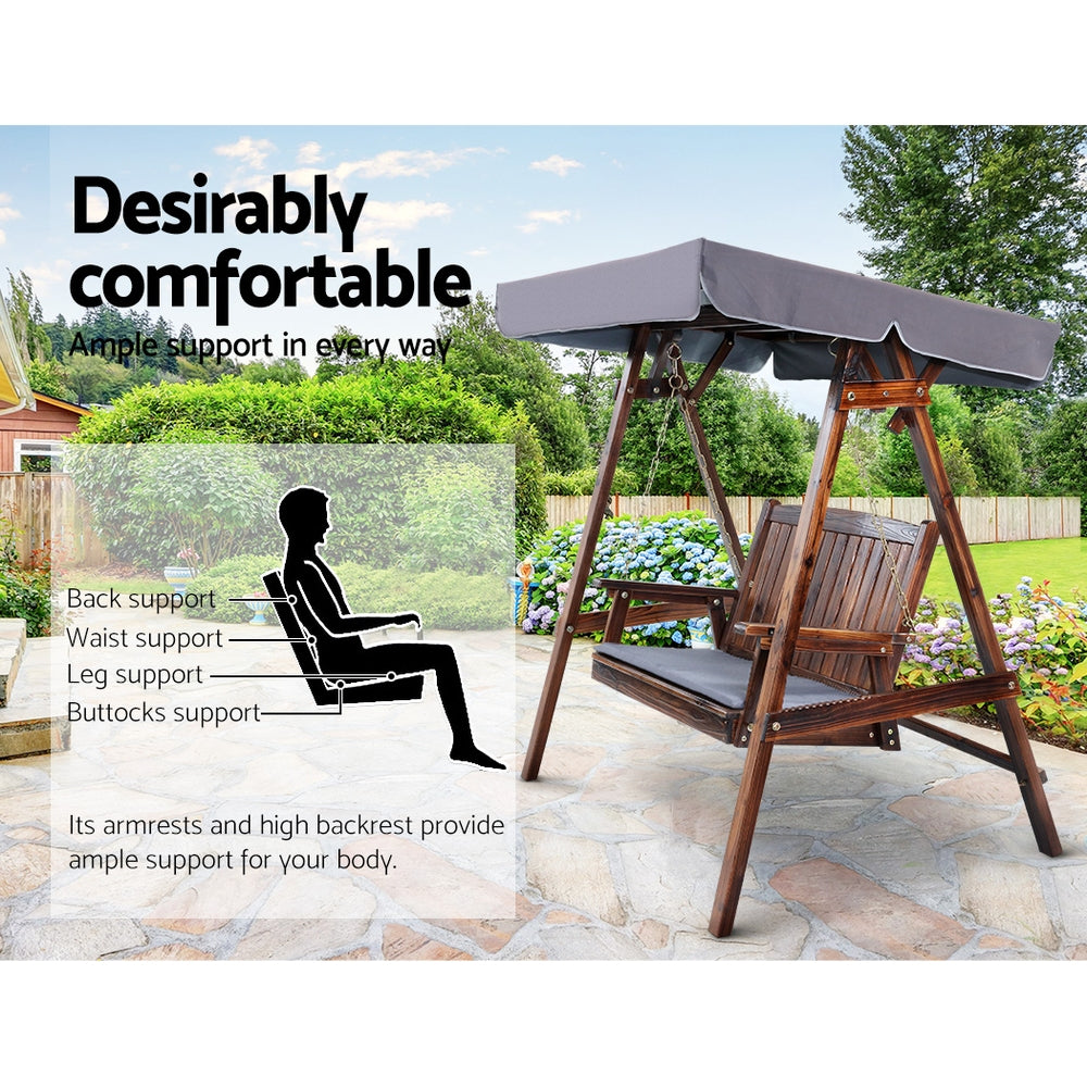 2 Seater Canopy Wooden Swing Bench - Charcoal