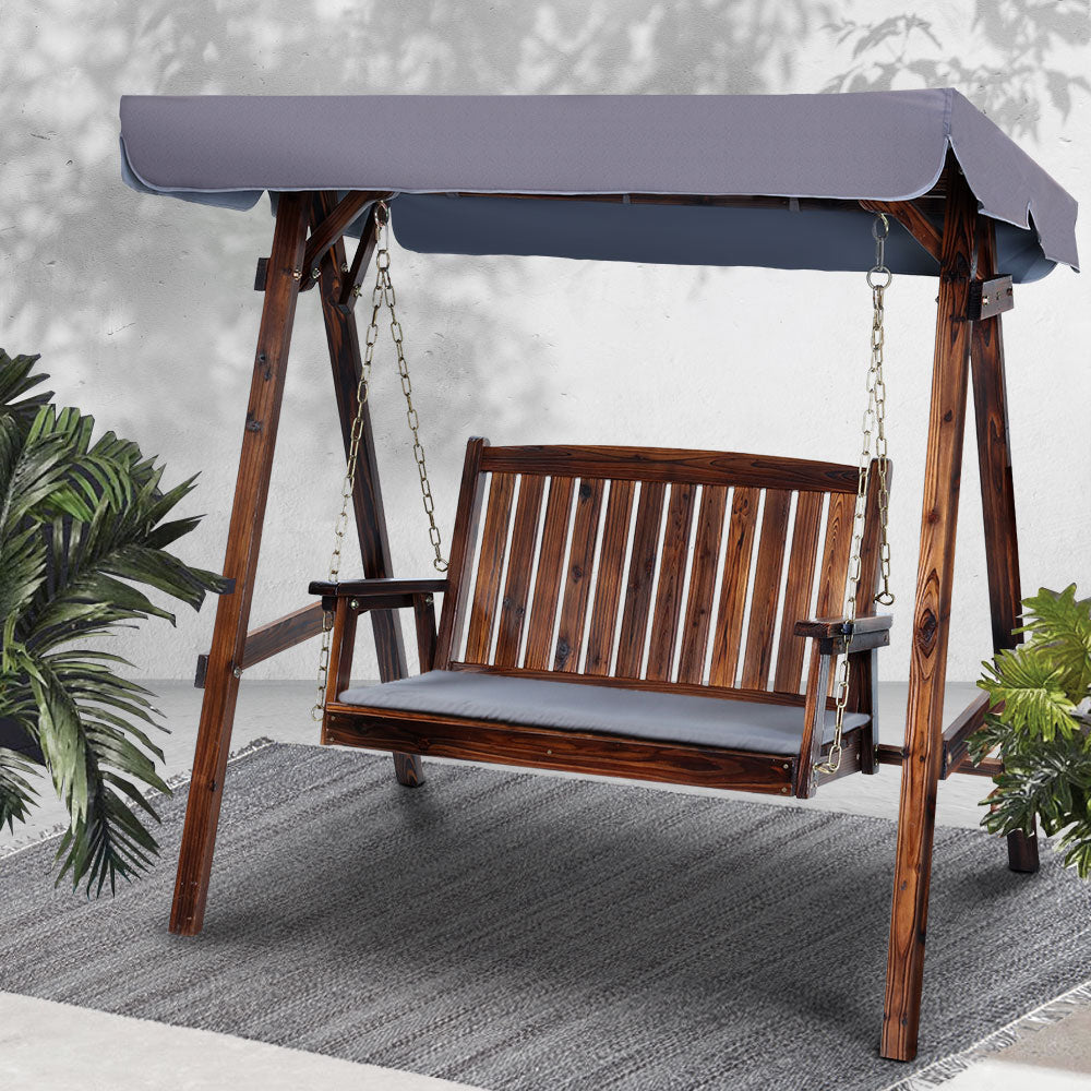2 Seater Canopy Wooden Swing Bench - Charcoal