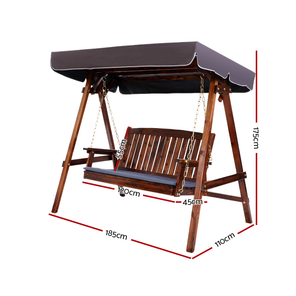 3 Seater Canopy Wooden Swing Bench - Charcoal
