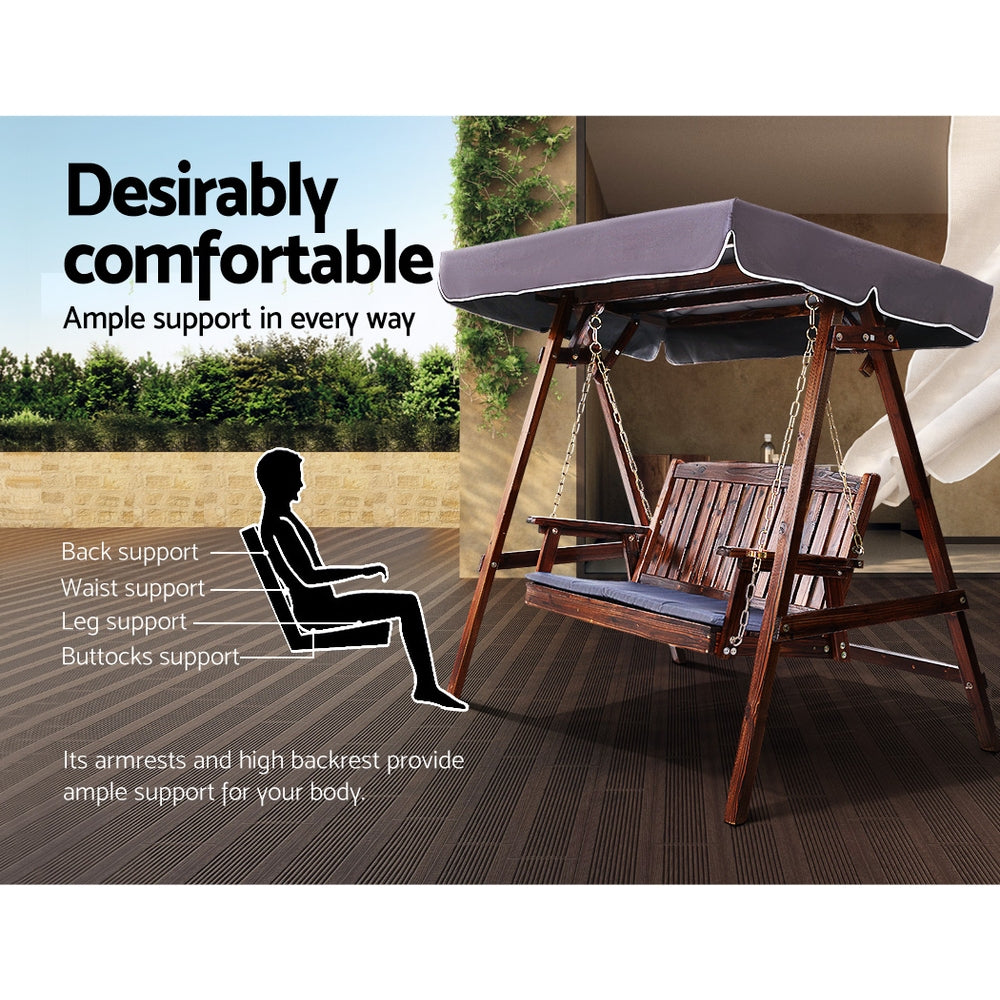 3 Seater Canopy Wooden Swing Bench - Charcoal