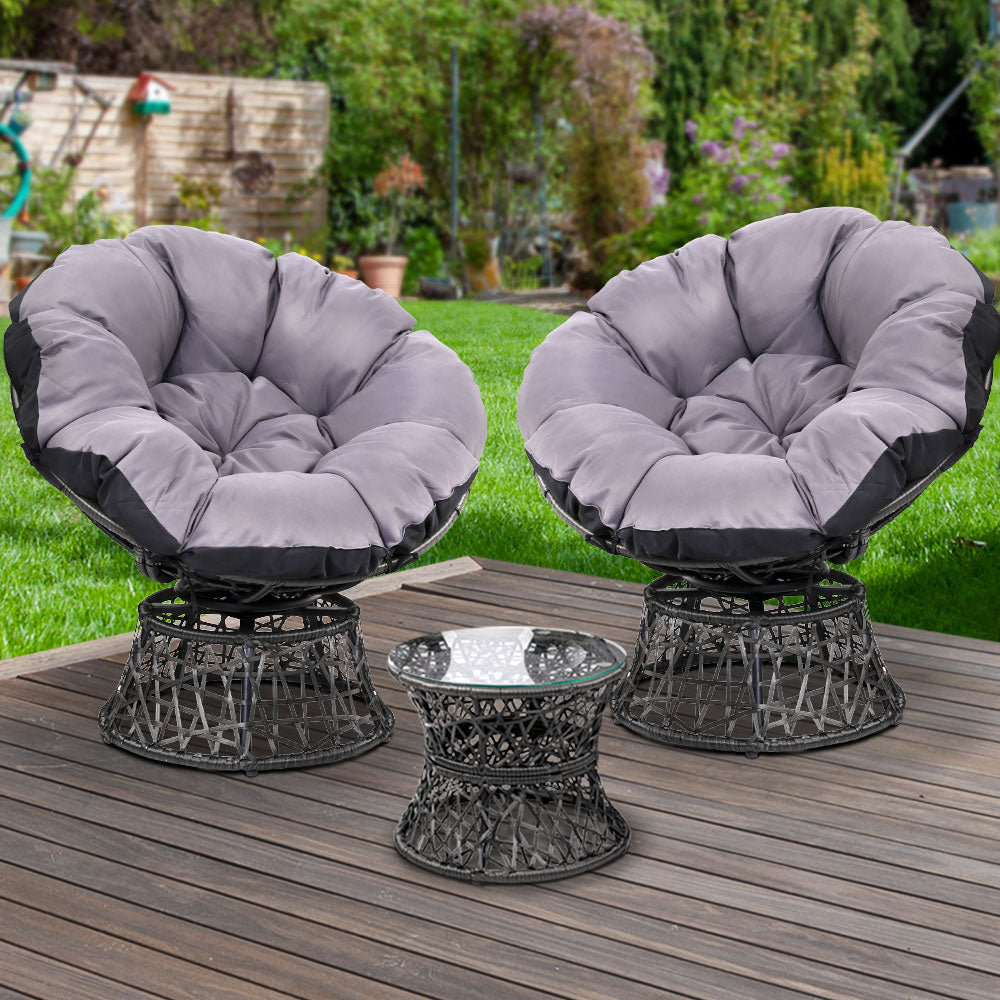 2 x Outdoor Papasan Chairs and Side Table - Black