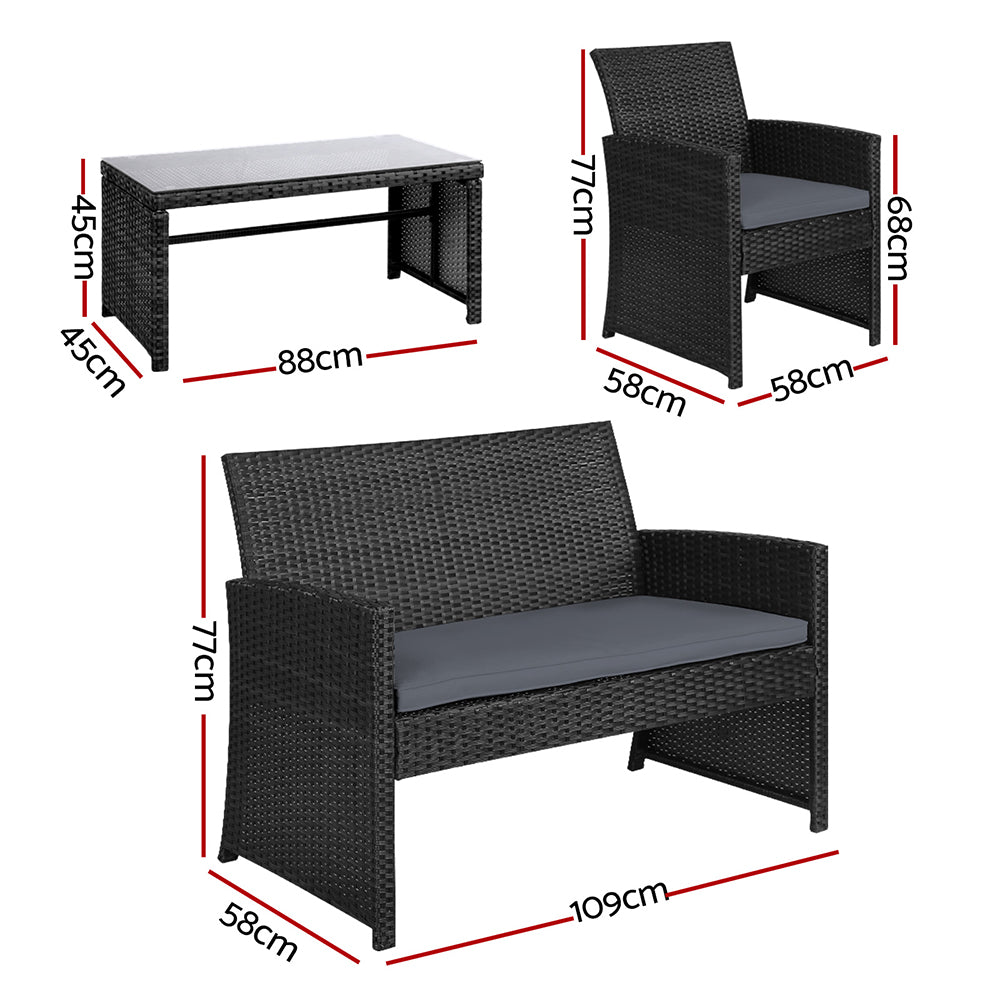 4 Outdoor Lounge Setting Rattan Patio Wicker - Black