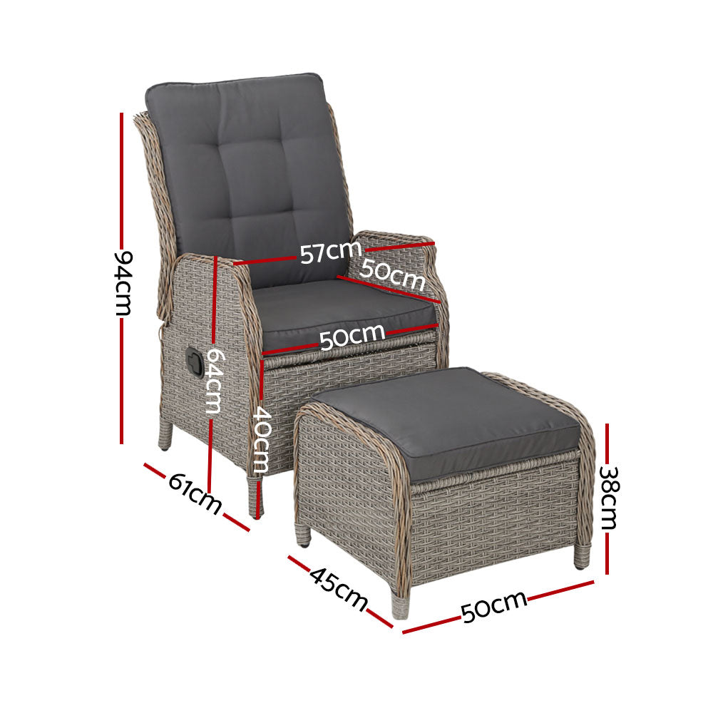 Maui Outdoor Grey Recliner Sunlounge Chairs W/Ottomans