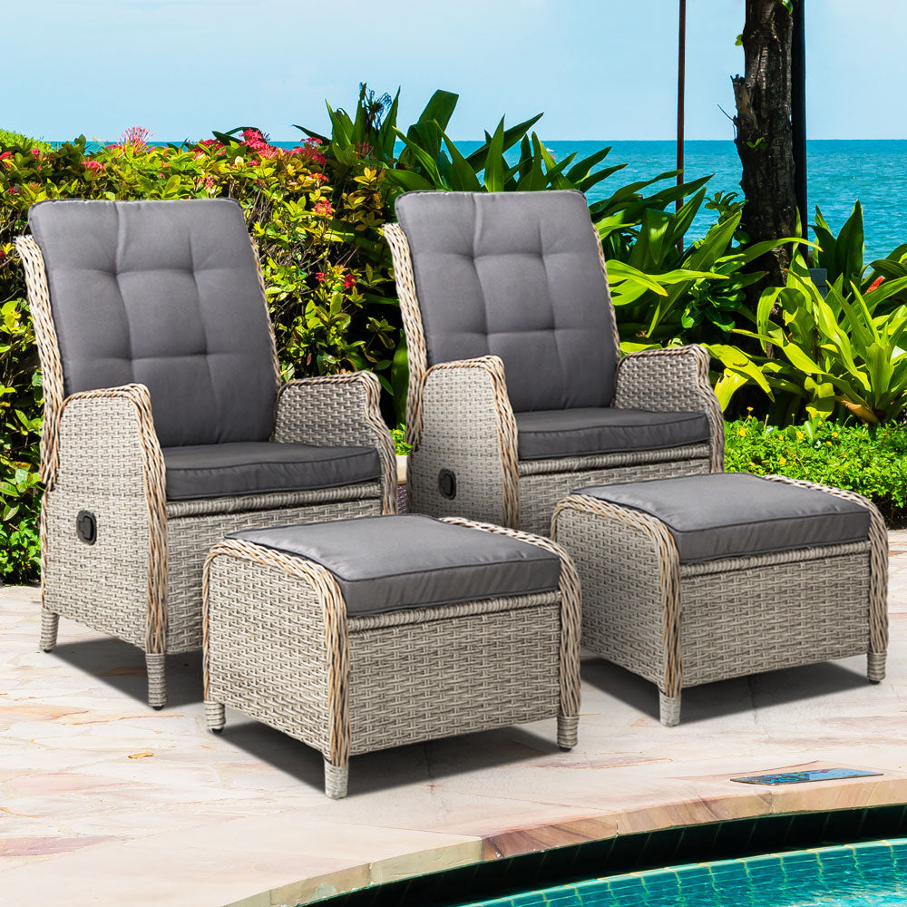 Maui Outdoor Grey Recliner Sunlounge Chairs W/Ottomans