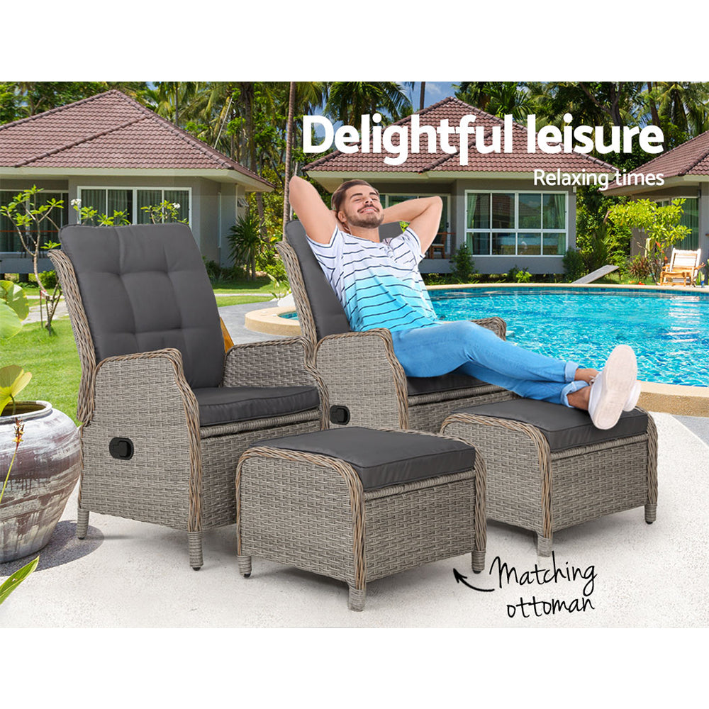 Maui Outdoor Grey Recliner Sunlounge Chairs W/Ottomans