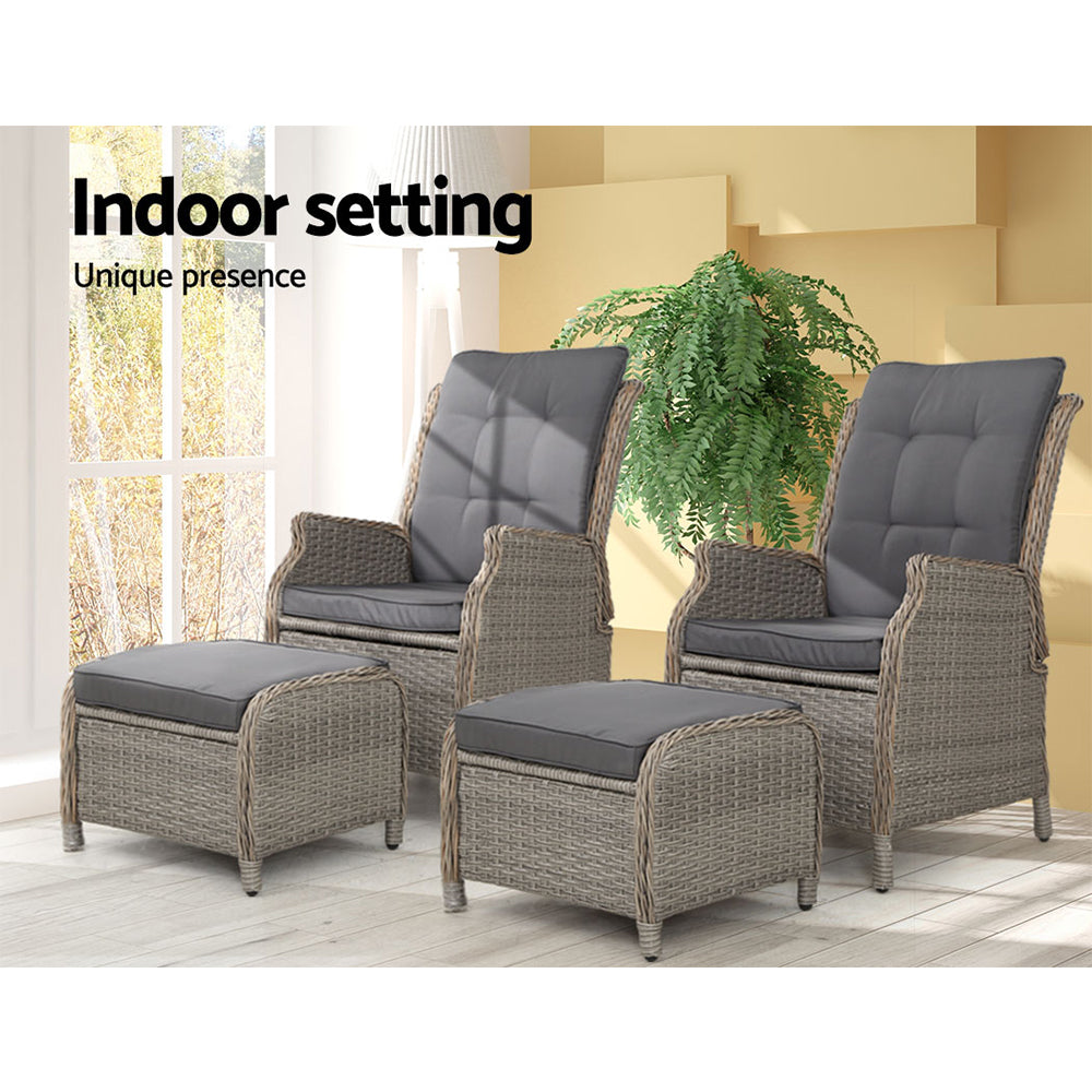 Maui Outdoor Grey Recliner Sunlounge Chairs W/Ottomans