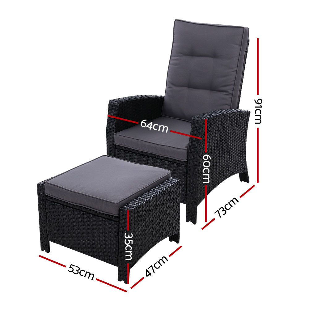 Mauritius Outdoor Black Recliner Chairs Sun lounge W/Ottomans - Dark Grey Seat Cover