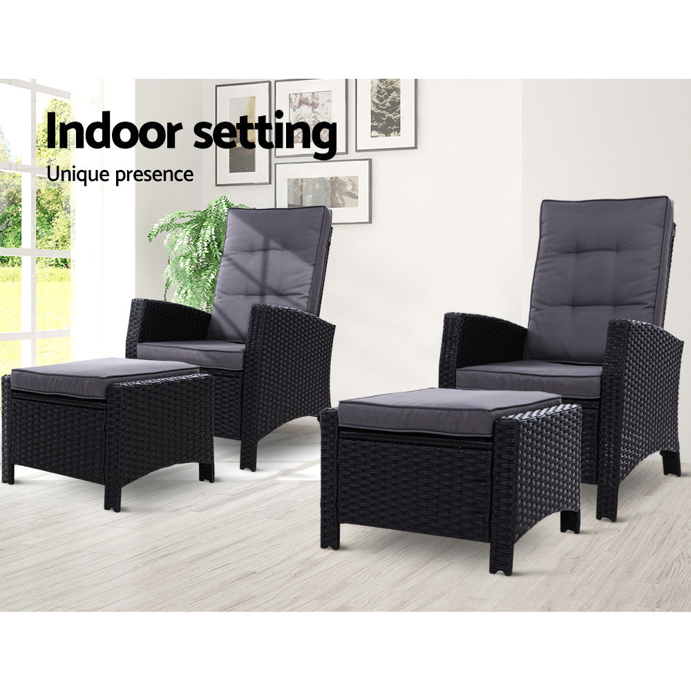Mauritius Outdoor Black Recliner Chairs Sun lounge W/Ottomans - Dark Grey Seat Cover