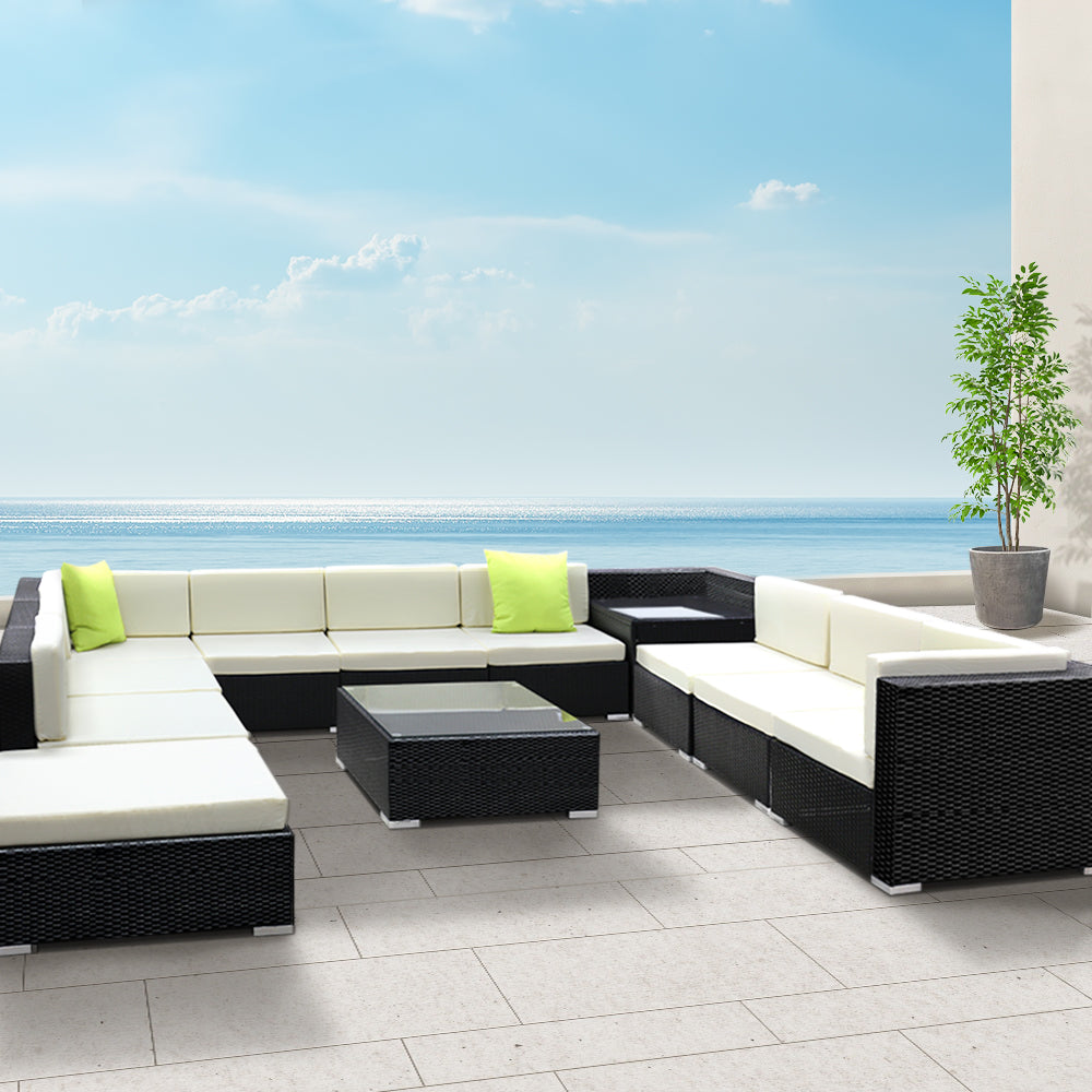 11PC Outdoor Wicker Sofa Set with Storage Cover
