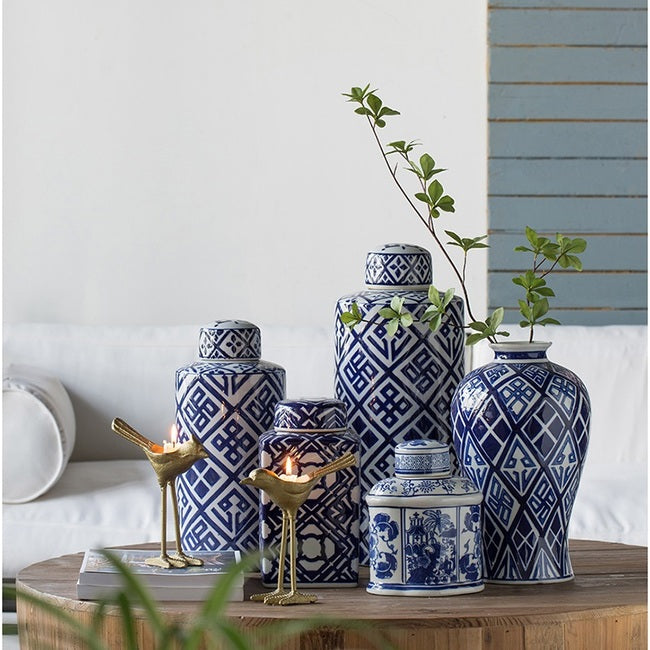 Valora Blue and White Cylinder Jar - 16 X 16 X 35.05cm