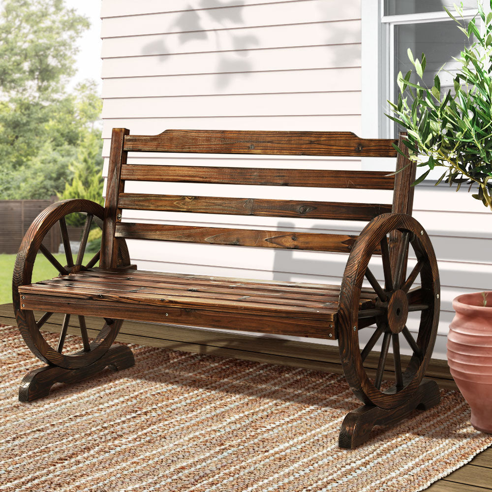 2 Seater Charcoal Brown Wagon Wheel Garden Bench - Fir Wood