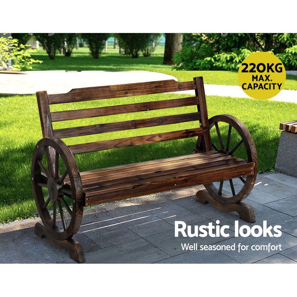 2 Seater Charcoal Brown Wagon Wheel Garden Bench - Fir Wood