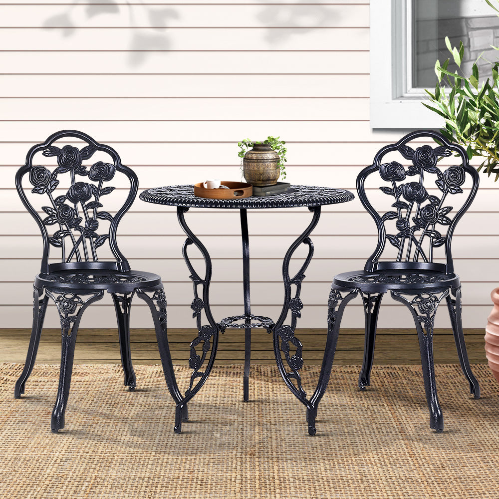 3PC Outdoor Cast Aluminium Bistro Table Chair  Setting B- Black