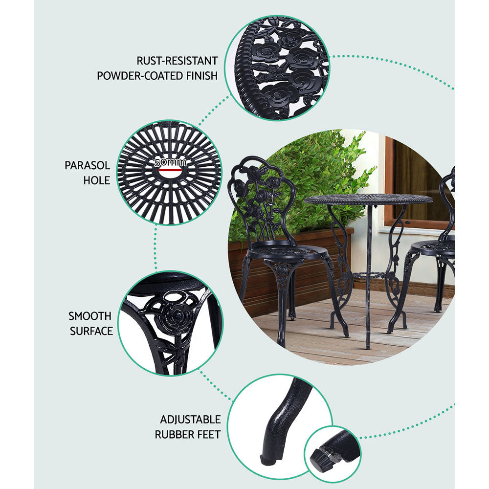 3PC Outdoor Cast Aluminium Bistro Table Chair  Setting B- Black
