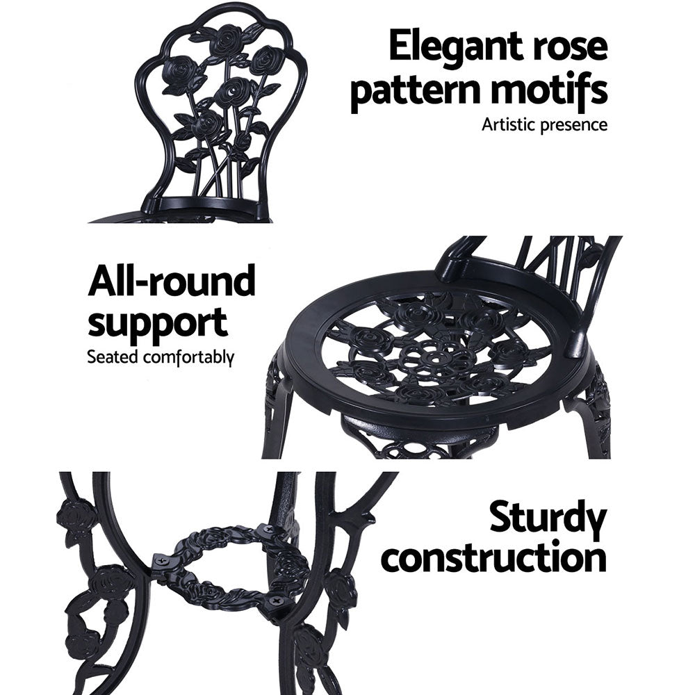 3PC Outdoor Cast Aluminium Bistro Table Chair  Setting B- Black