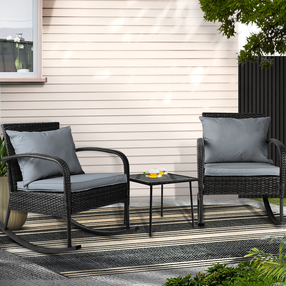 3 Piece Outdoor Chair Rocking Set - Black