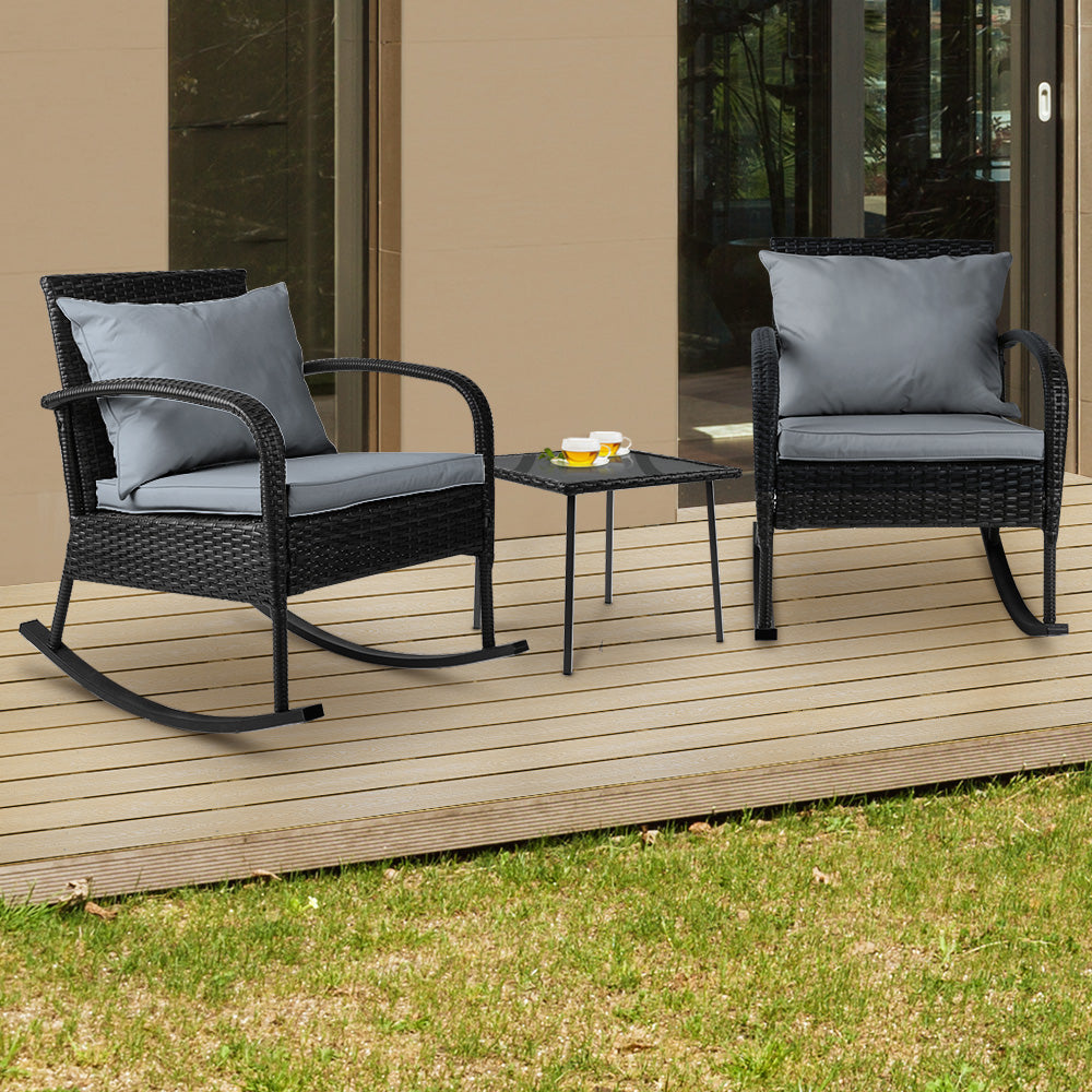 3 Piece Outdoor Chair Rocking Set - Black