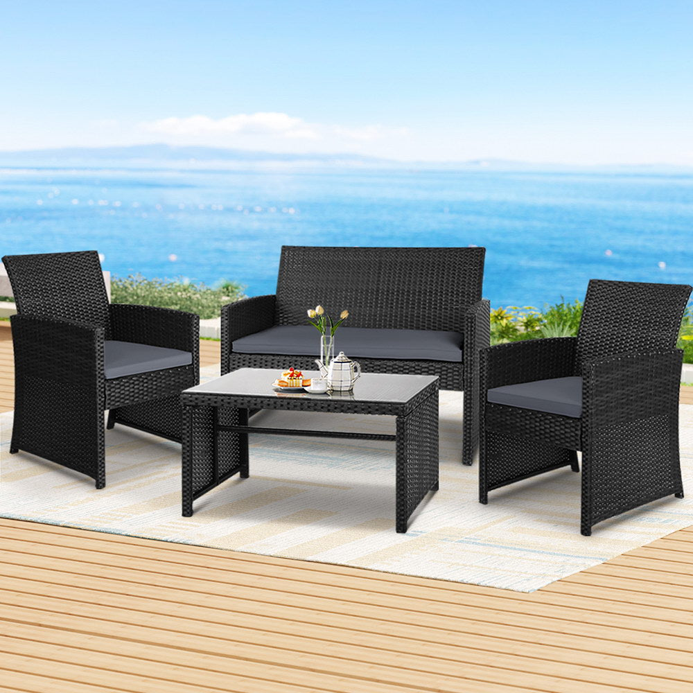 4 Outdoor Lounge Setting Rattan Patio Wicker - Black