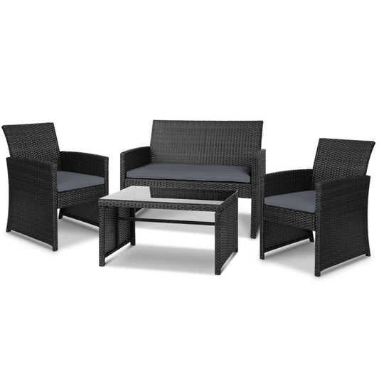 4 Outdoor Lounge Setting Rattan Patio Wicker - Black