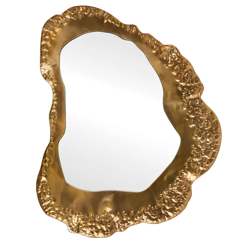 Gold decorative mirror with an intricate pattern on a white background