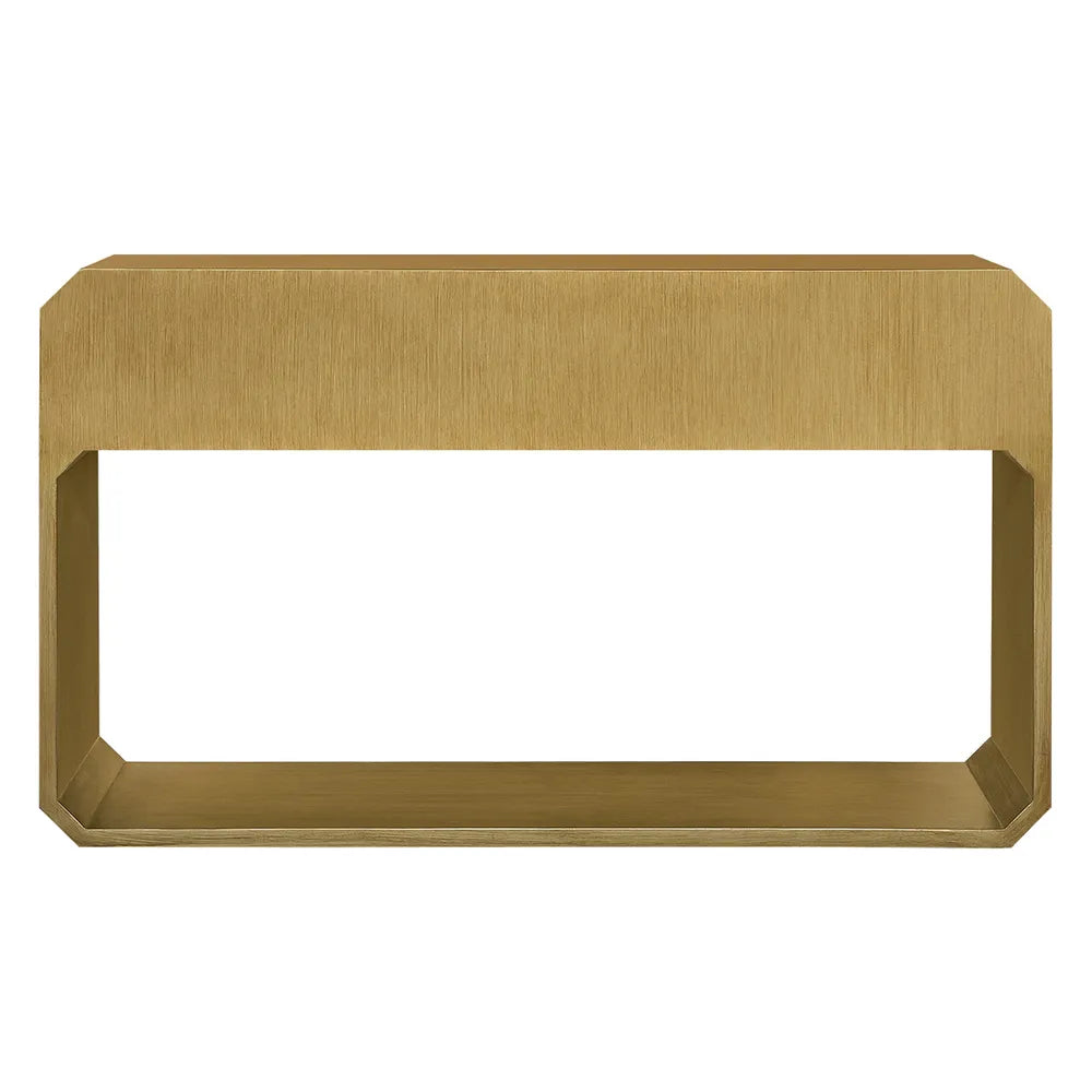 Gold rectangular console table on a white background