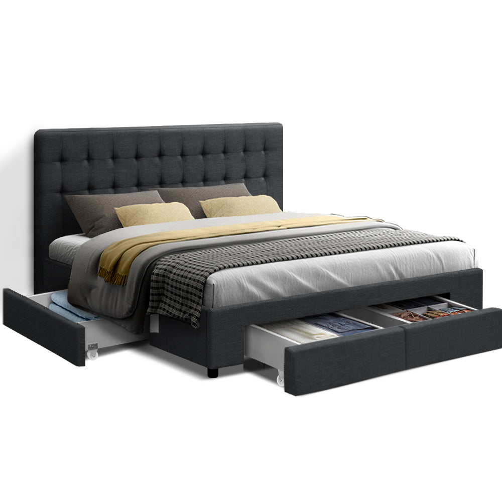 Avio Bed Frame Queen Size with 4 Drawers - Charcoal