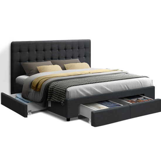 Avio Bed Frame Queen Size with 4 Drawers - Charcoal