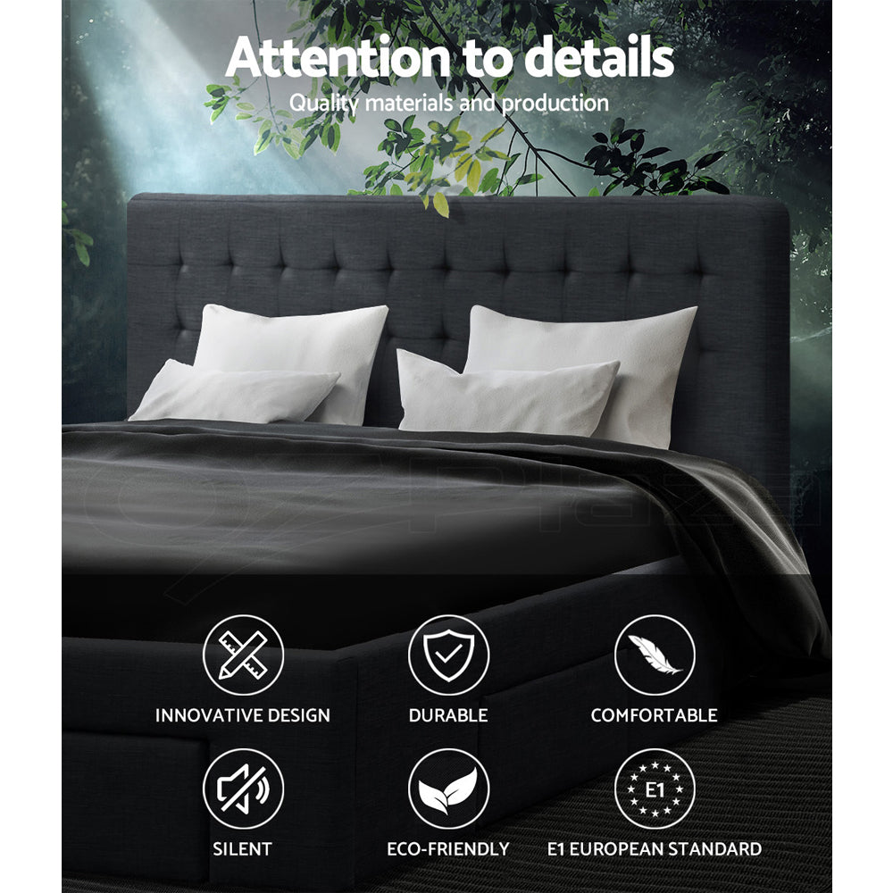 Dark gray upholstered bed with white pillows against a blurred greenery background, featuring quality attributes on a dark background.