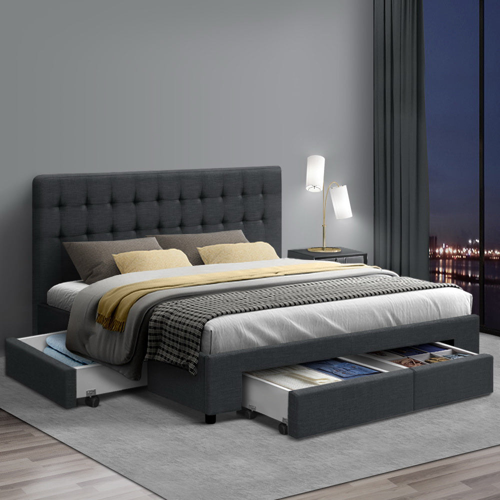 Avio Bed Frame Queen Size with 4 Drawers - Charcoal