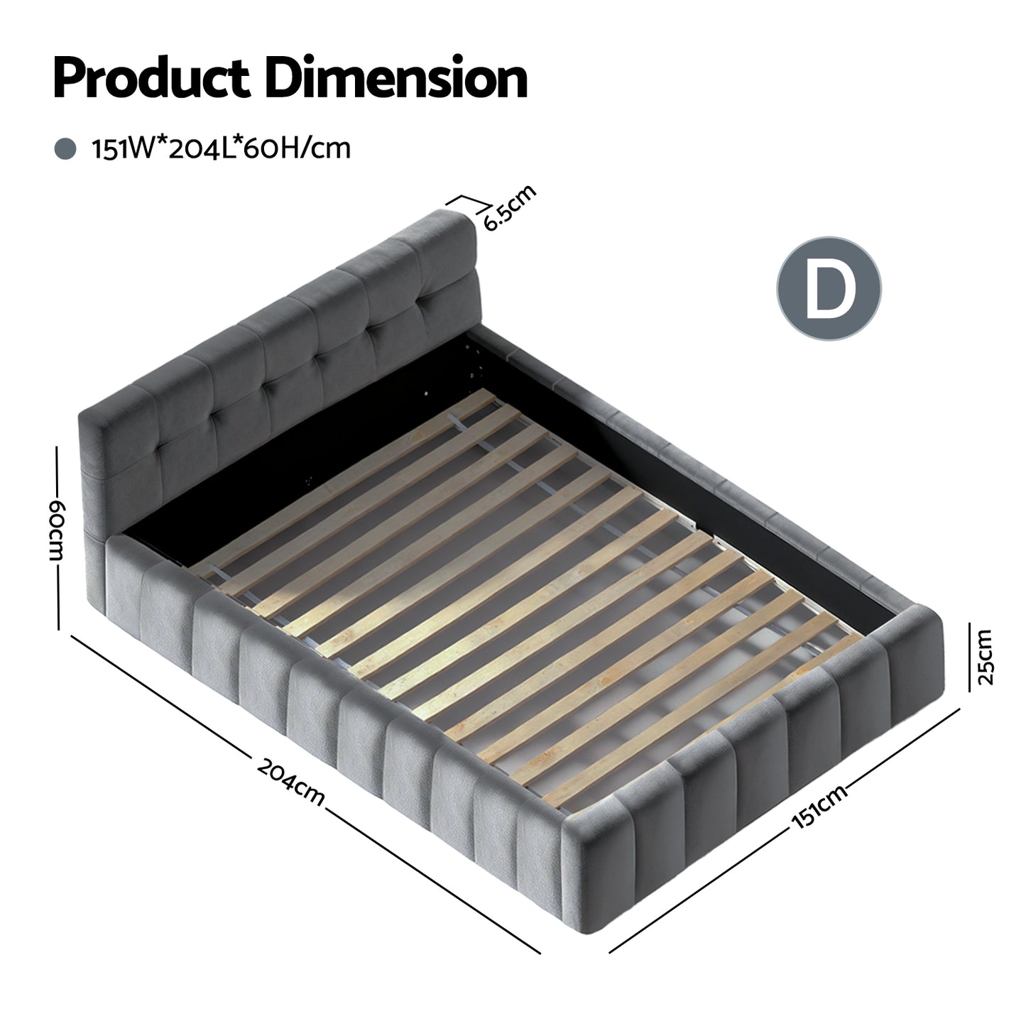 Haven Double Size Bed Frame Plush Soft Headboard Velvet Platform Base for Modern Bedrooms - Grey