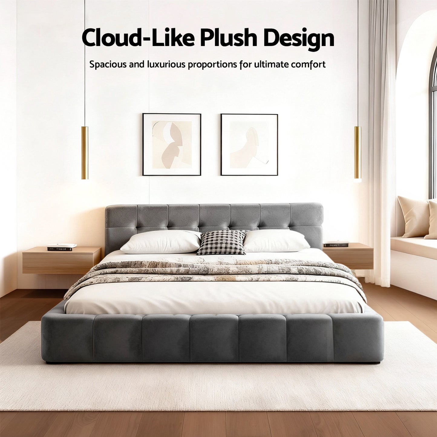 Haven Double Size Bed Frame Plush Soft Headboard Velvet Platform Base for Modern Bedrooms - Grey