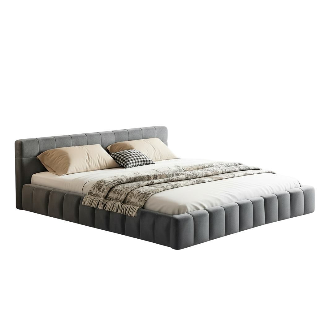 Gray upholstered bed in a modern bedroom with large windows and decor.