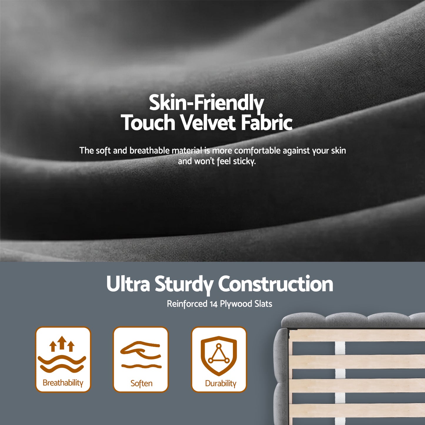 Haven King Size Bed Frame Plush Soft Headboard Velvet Platform Base - Grey