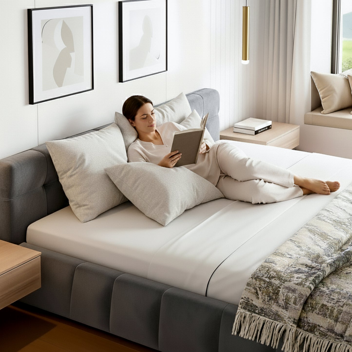 Haven Queen Size Bed Frame Plush Soft Headboard Velvet Platform Base for Modern Bedroom