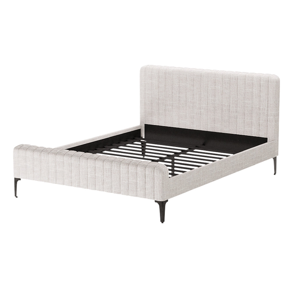 Beige upholstered bed frame with black slats on a white background