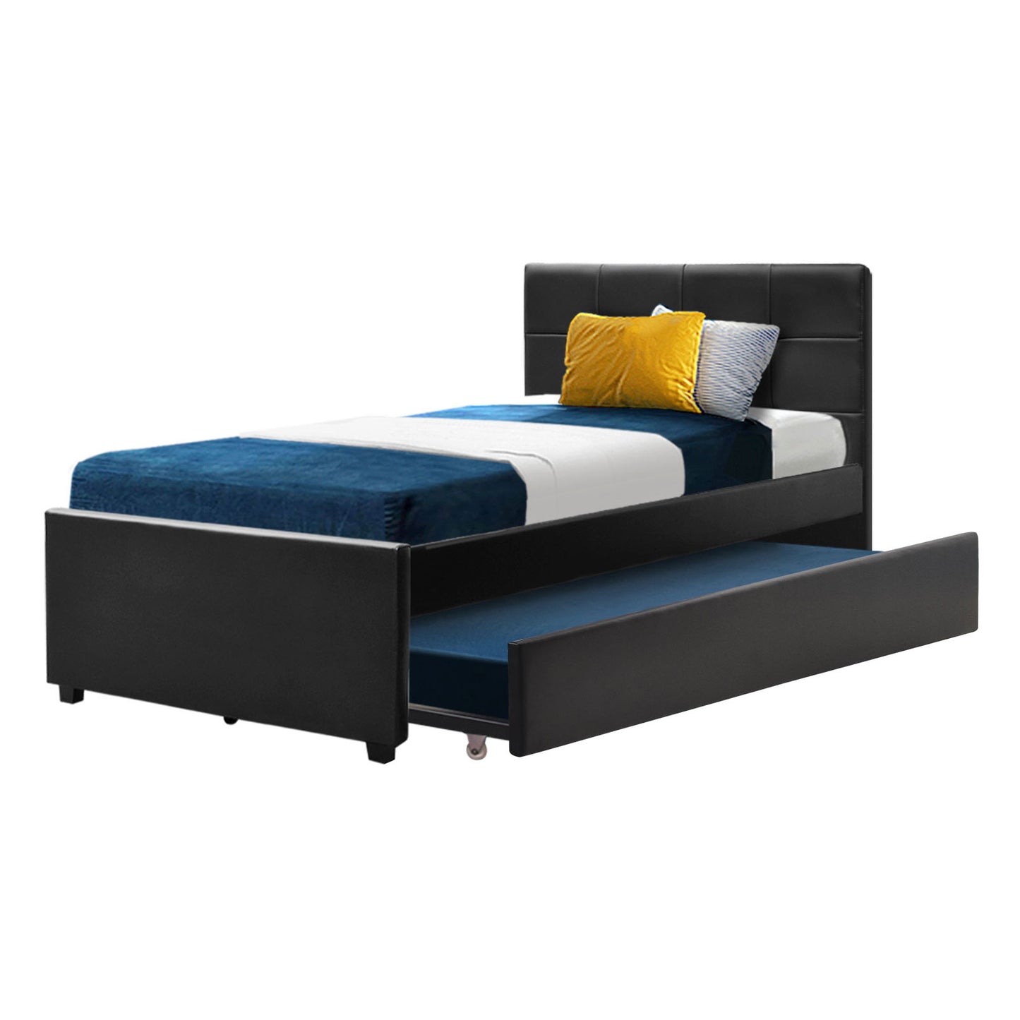 Black bed frame with pull-out drawer, blue mattress, and colorful pillows on a white background