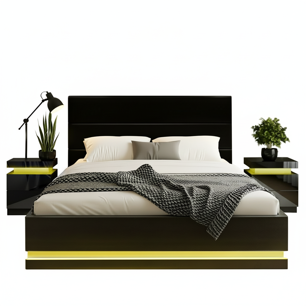 Modern bedroom setup with a black bed, white bedding, and yellow accents.