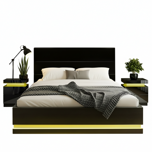 Modern bedroom setup with a black bed, white bedding, and yellow accents.