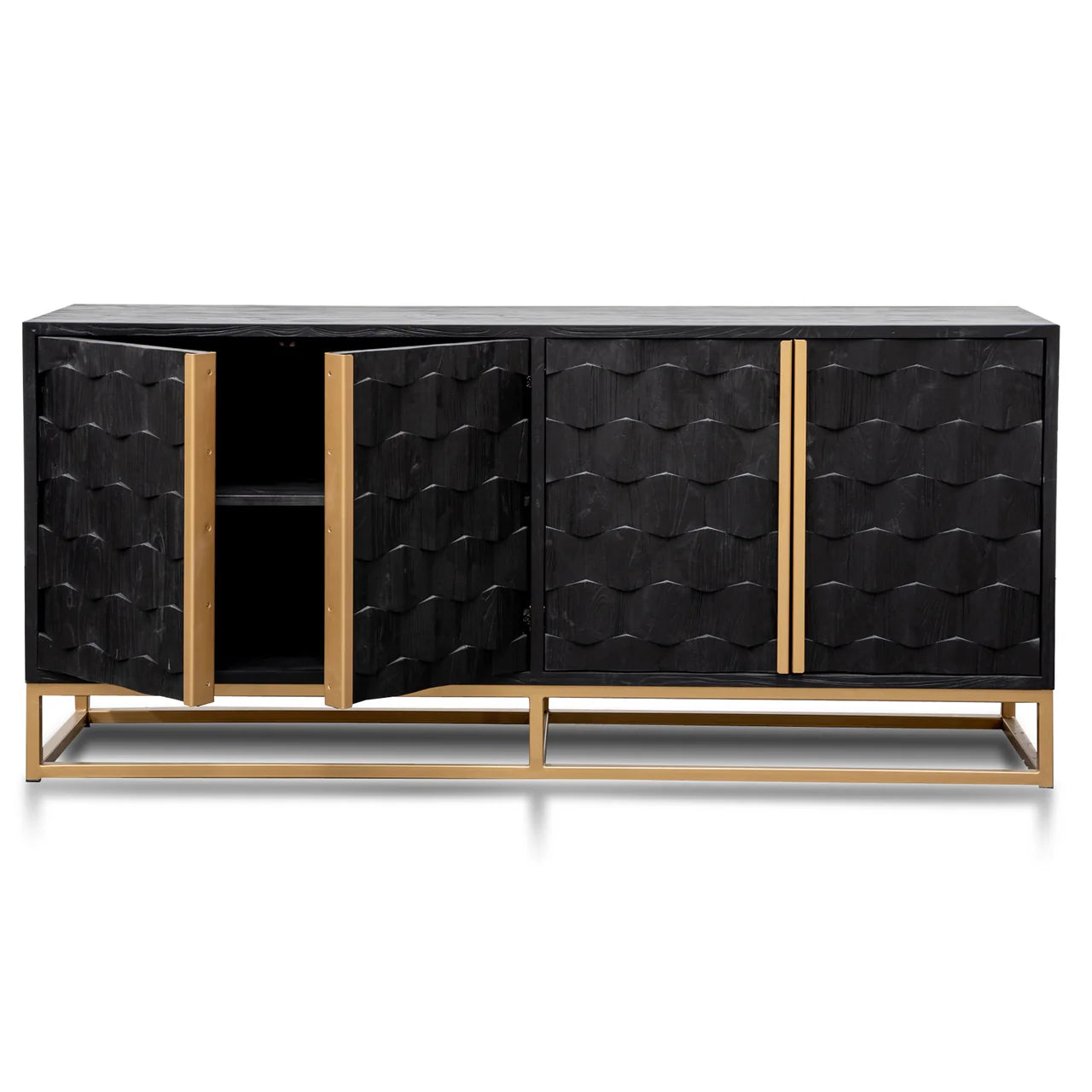 A modern sideboard cabinet with a black textured wavy patterned finish and gold metal frame and handles.