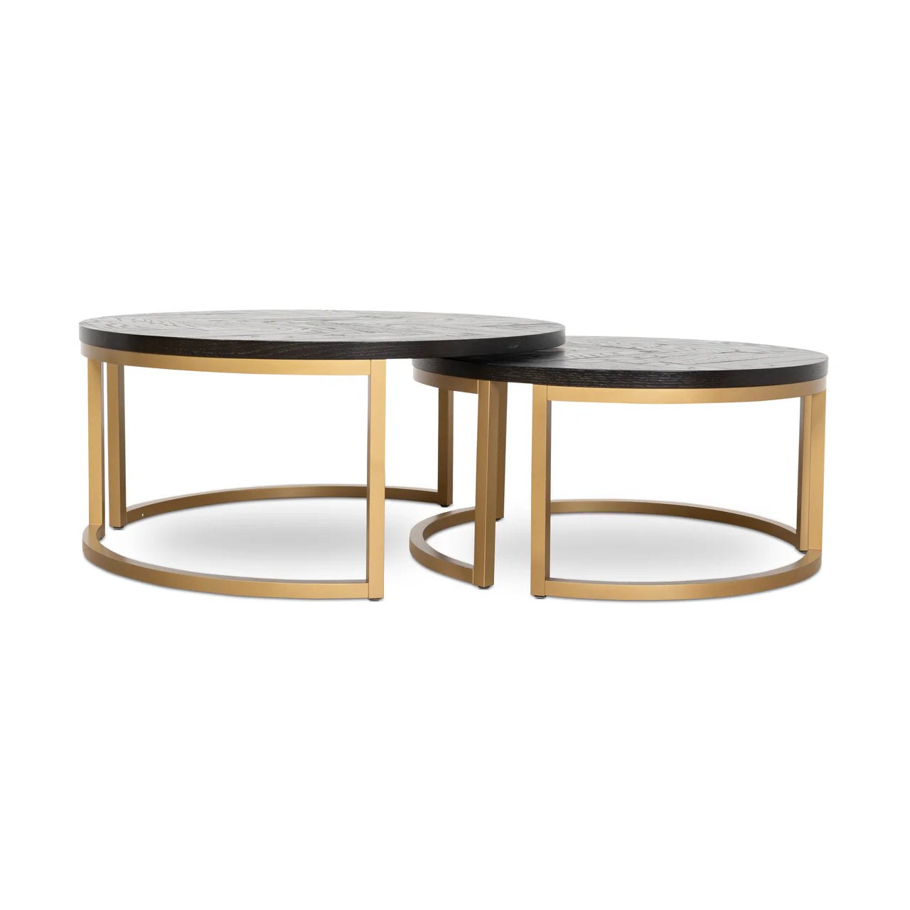 Two round coffee tables with gold frames and black marble tops 