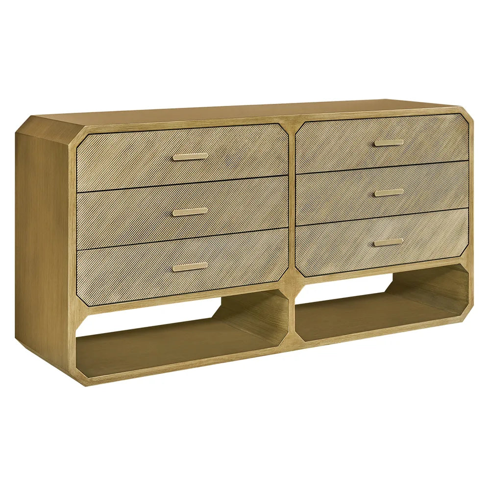 Gold dresser with textured drawers on a white background
