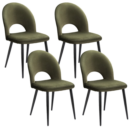 Four green chairs with black legs on a white background