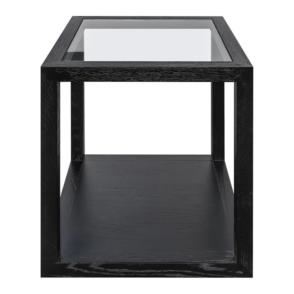 Black side table with glass top on a white background