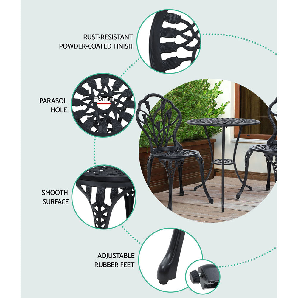 Sorley 3PC Outdoor Bistro Table Chair Setting - Black