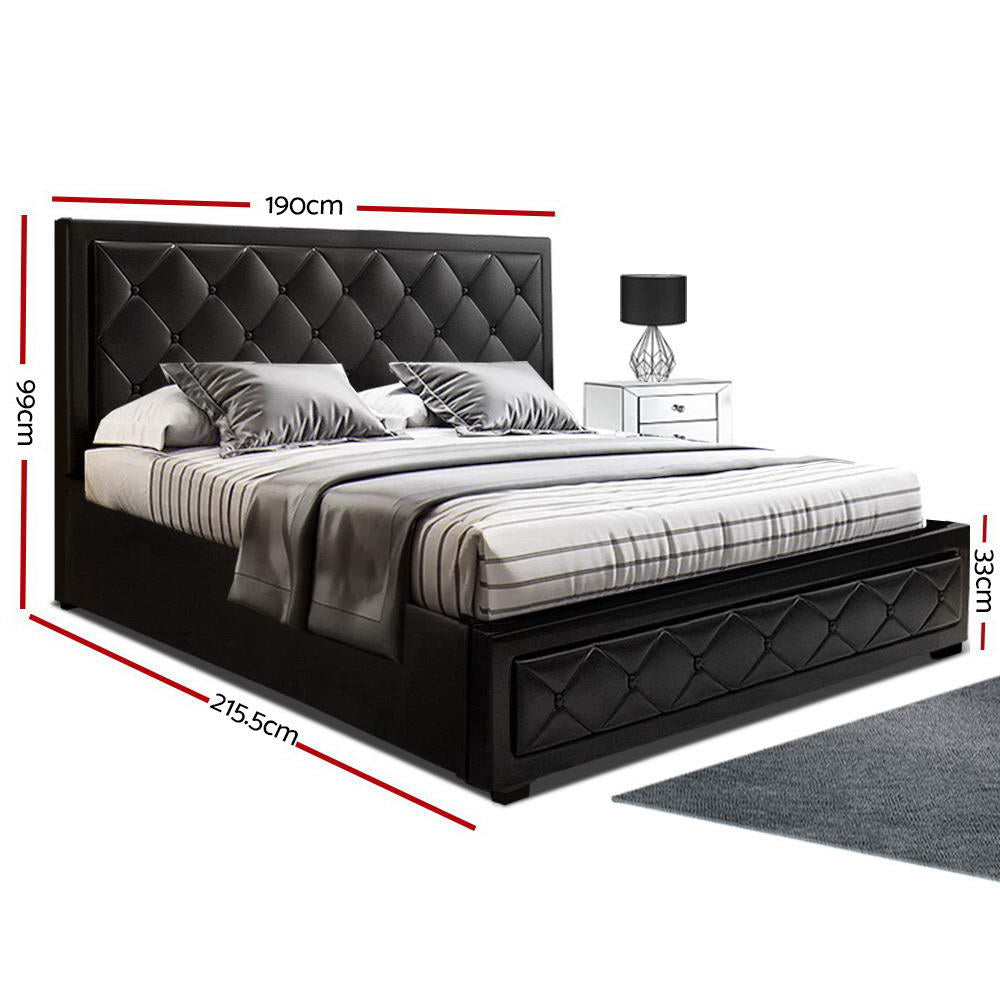 Black tufted bed with dimensions on a white background