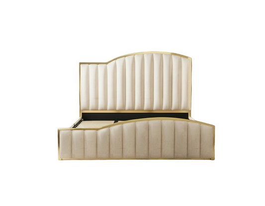 Elegant Luxury King Size Bedframe in Beige with Gas Lift Storage Velvet Fabric Golden Trim